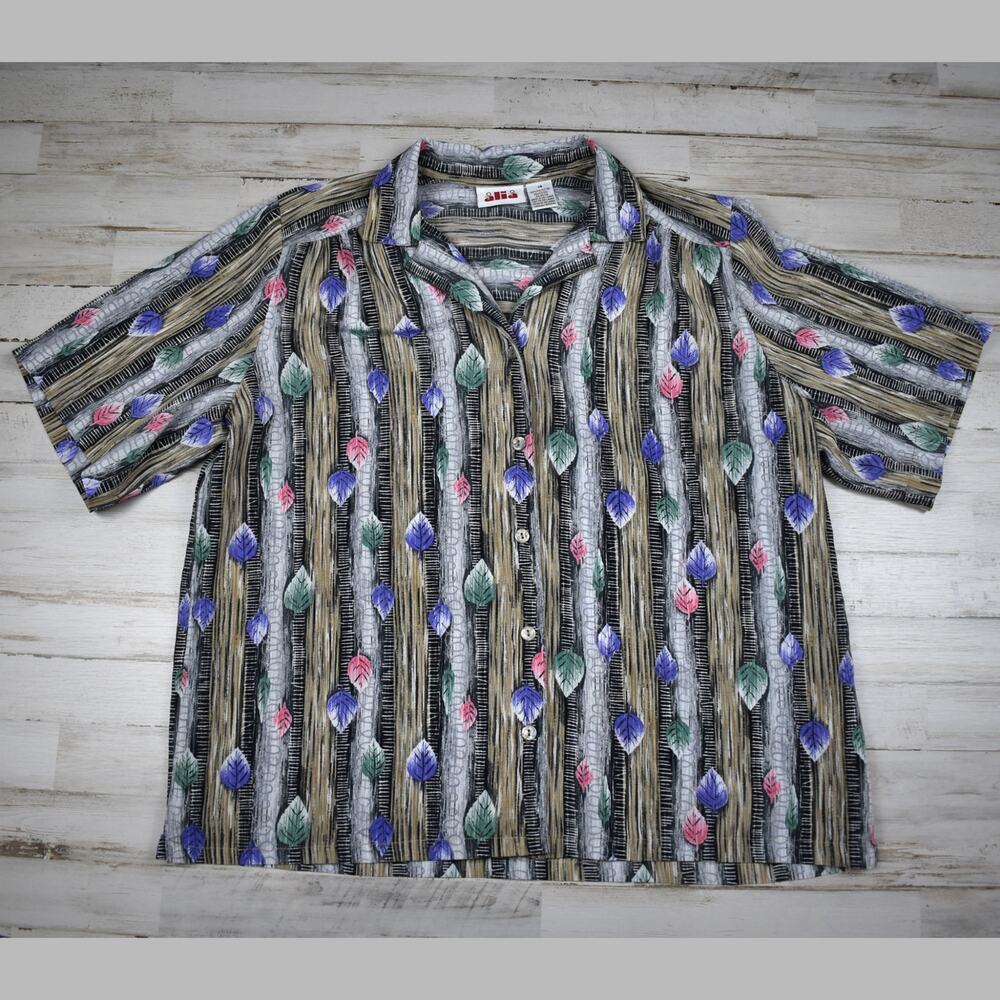 Vintage Size 14 Large Striped Leaf Button Up Blouse shirt top Botanical Retro